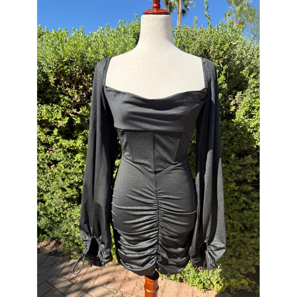 Lucy in the Sky Jacky Corset Glitter Long Sleeve Lace Up Back Bodycon Dress Sz M